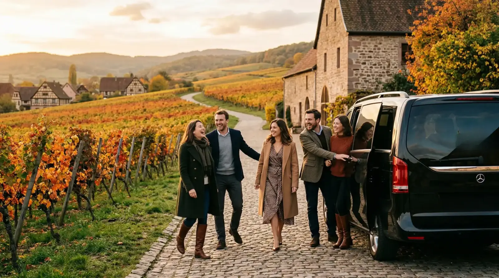 Group in front of a van on the Wine Route