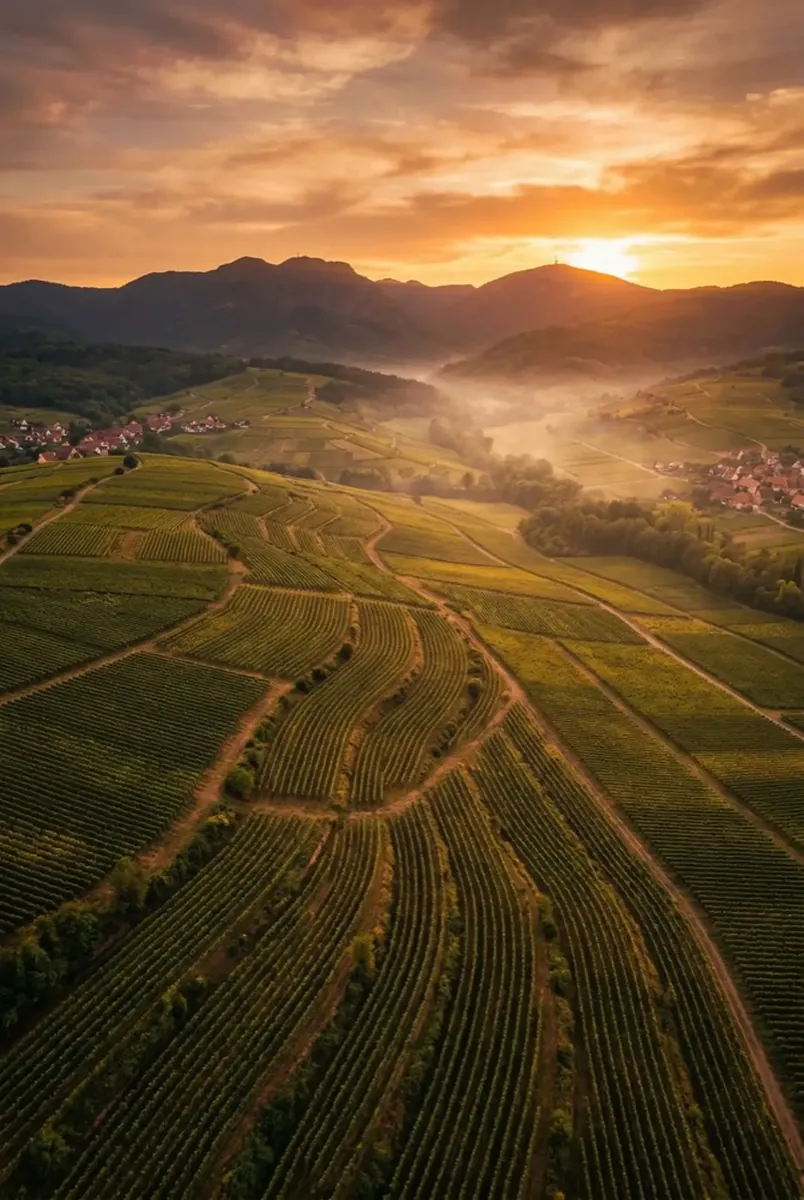 Elsässische Weinberge bei Sonnenuntergang